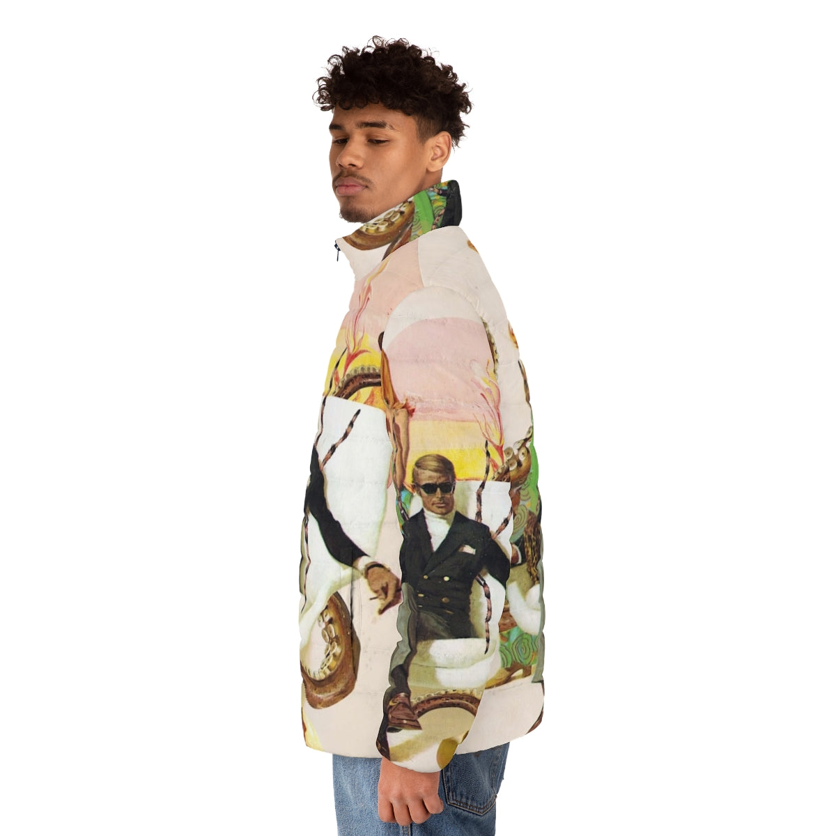 Agent Lovecraft cosmic horror inspired puffer jacket with surreal, pulp, and vintage design elements - men side left