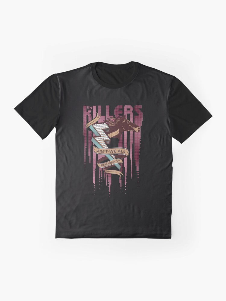 Retro graphic t-shirt featuring The Killers We All Runaways design with influences from Hall and Oates' iconic 1980s sound and style. - Flat lay