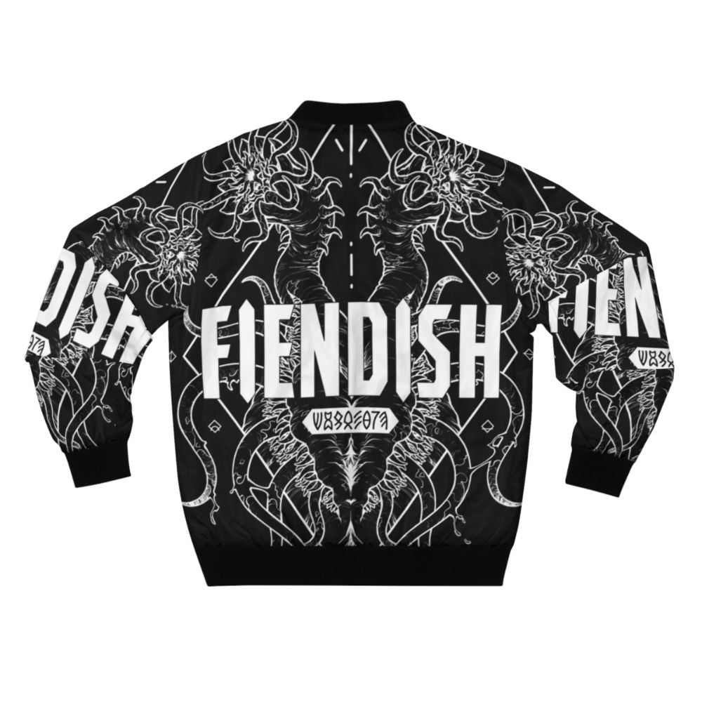 Fiendish bomber jacket with a dark and geometric inspired design, featuring monster and horror elements. - Back