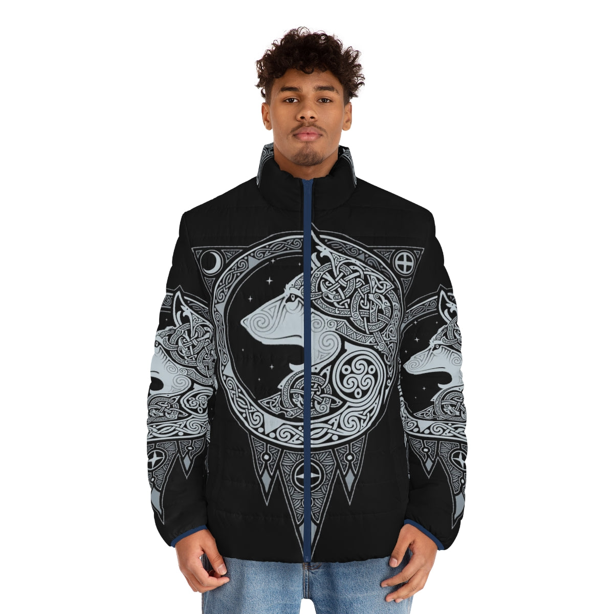 Norse Ulv Silver Puffer Jacket with Mystical Wolf Graphic - men front