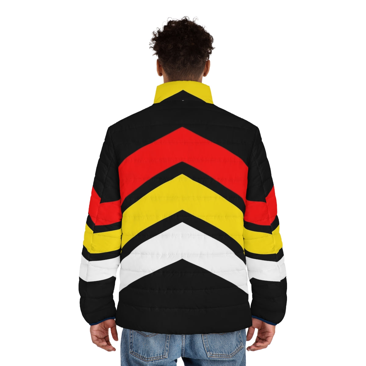 Commotion Stripes Geometric Puffer Jacket in vibrant red, yellow, and white colors - men back