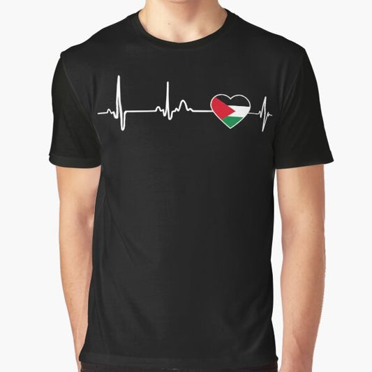 Heartbeat Palestine Graphic T-Shirt with a design supporting the fight for Palestinian freedom and human rights