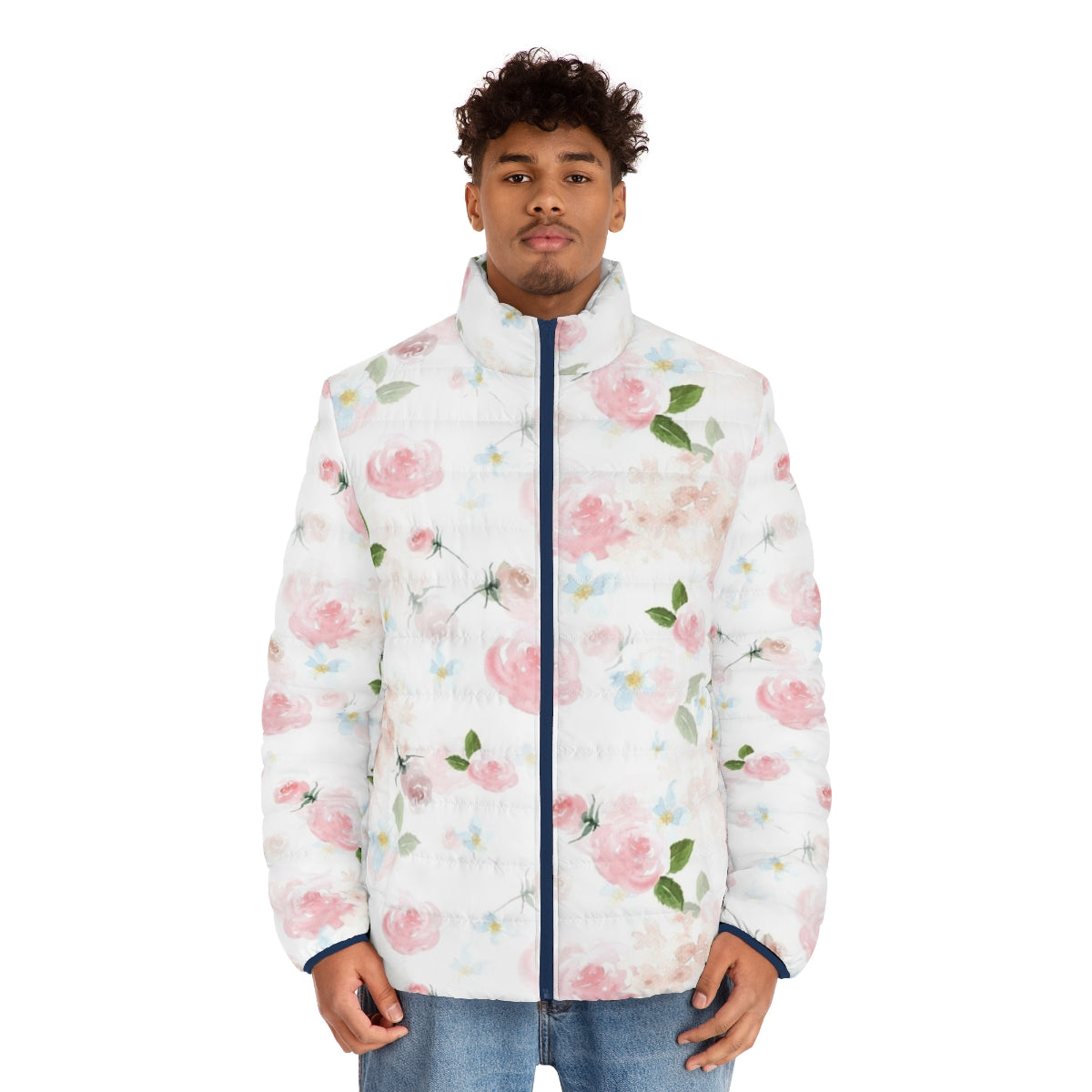 Watercolor floral botanical garden puffer jacket - men front