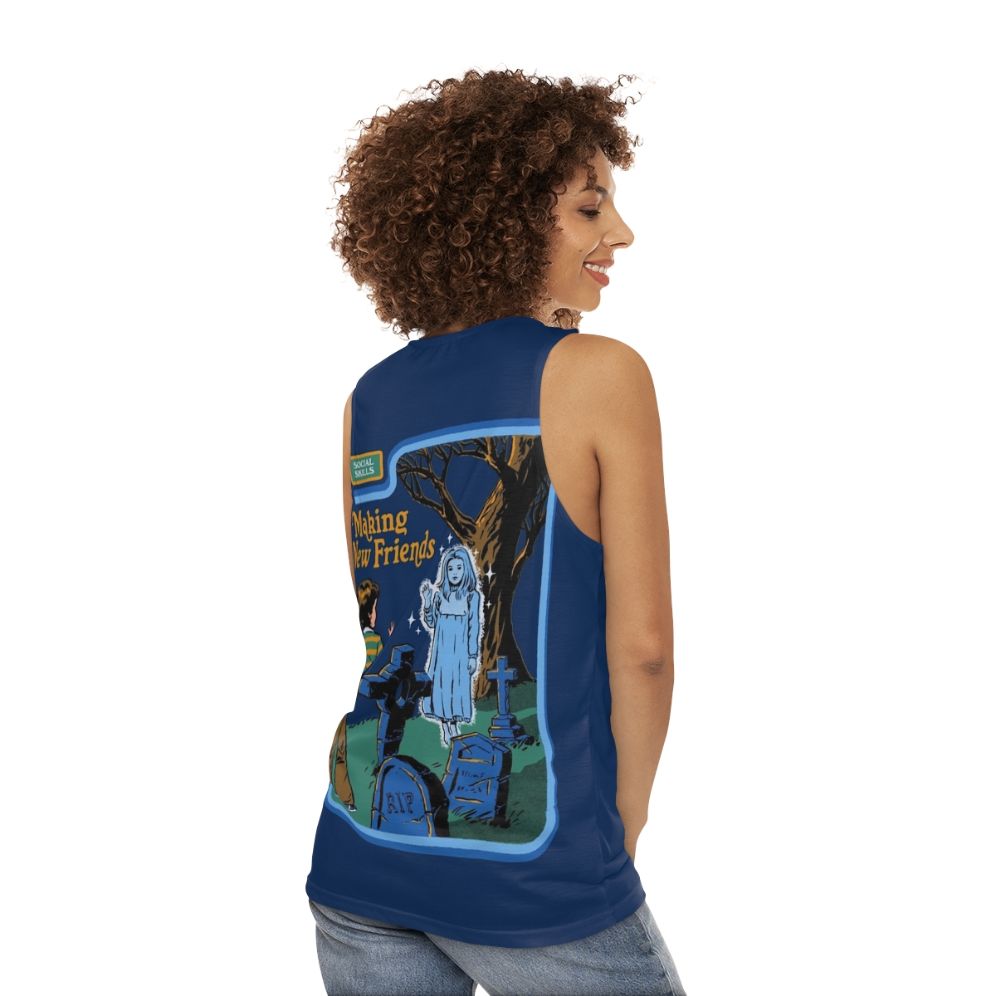 Retro horror-themed unisex tank top with "Making New Friends" design - women back