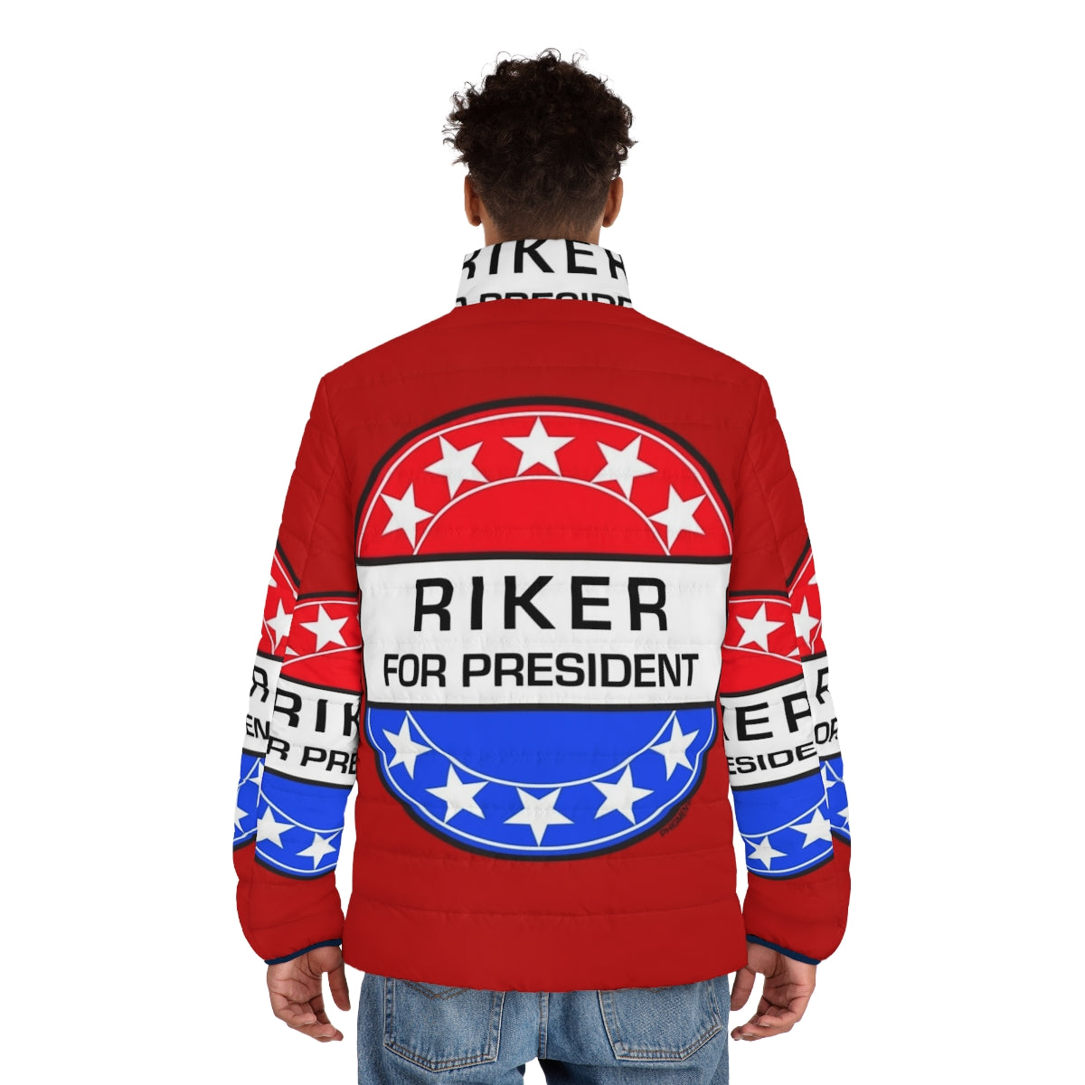 Riker For President sci-fi puffer jacket with phigment pop art design - men back