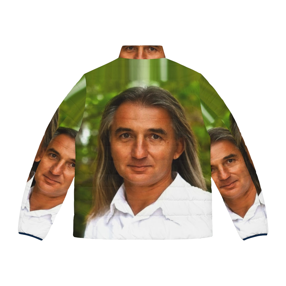 A warm and fashionable men's puffer jacket featuring the Braco Gaze of Miracles design - Back