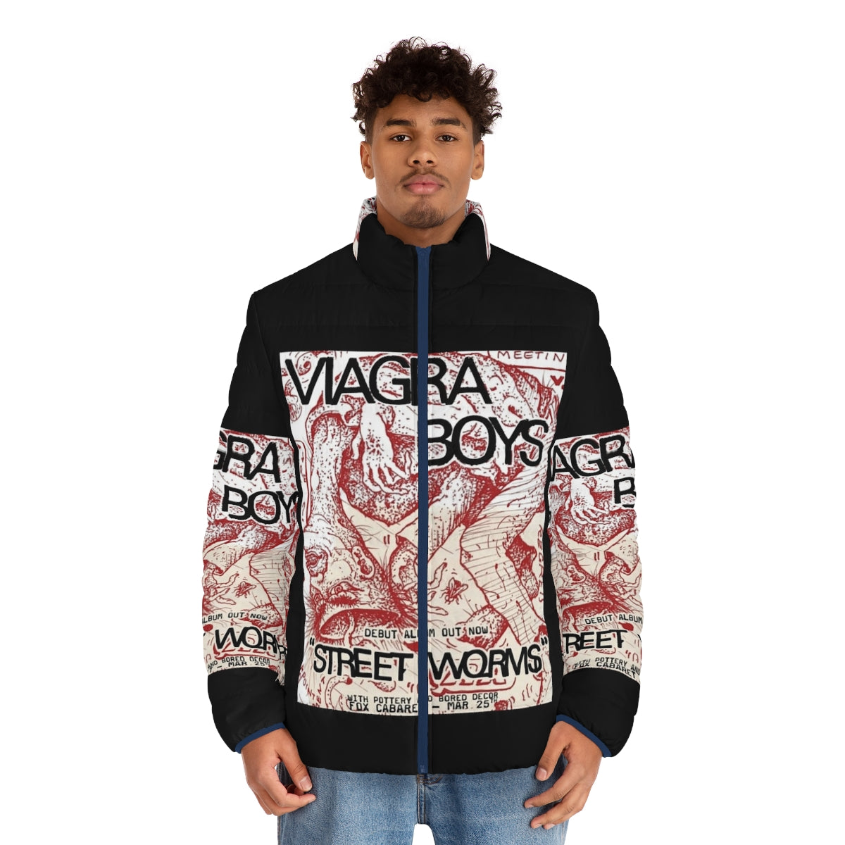 Viagra Boys Street Worms Puffer Jacket featuring yin yang pattern and minimalist design - men front