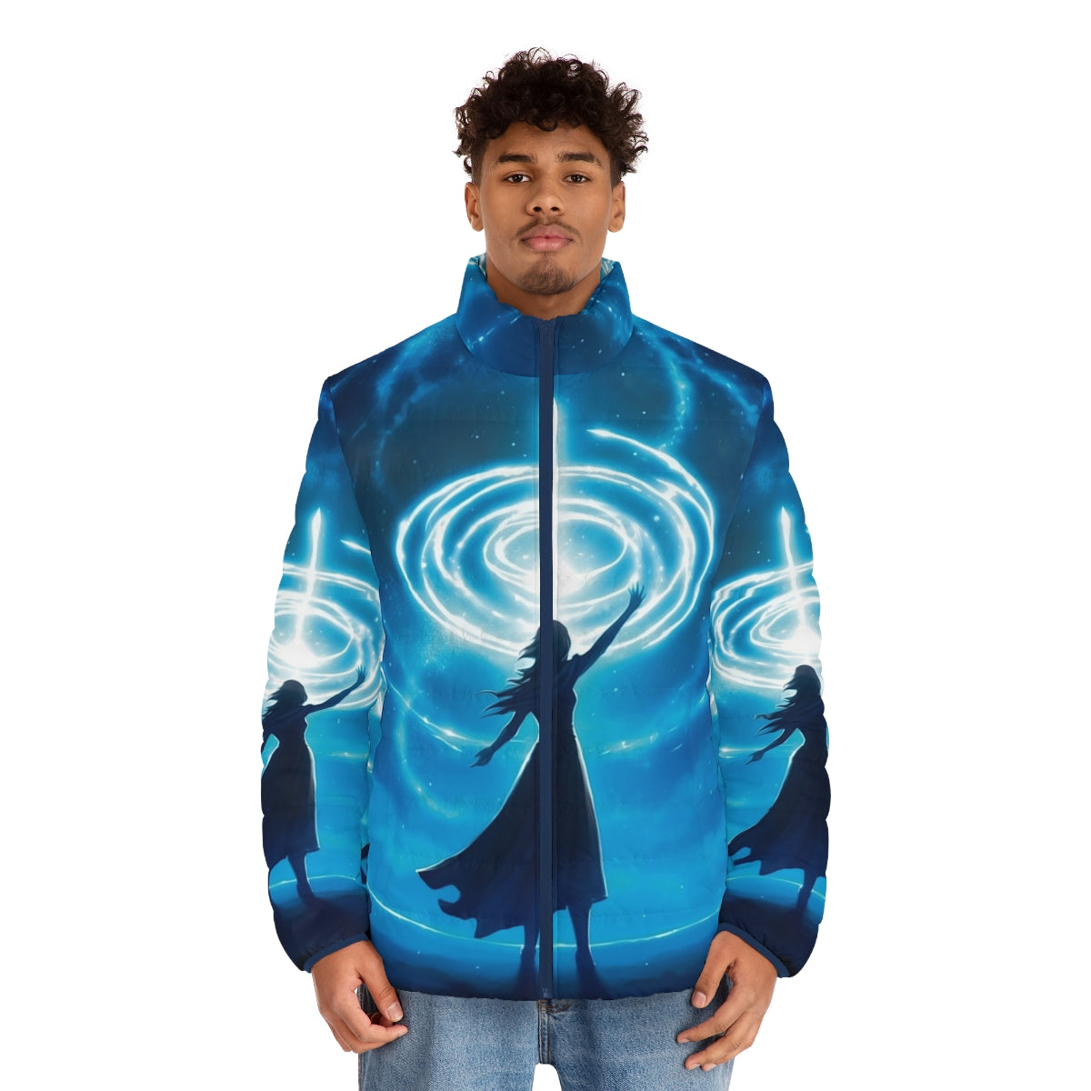 A blue puffer jacket with a silhouette of a woman surrounded by stars and a night landscape - men front