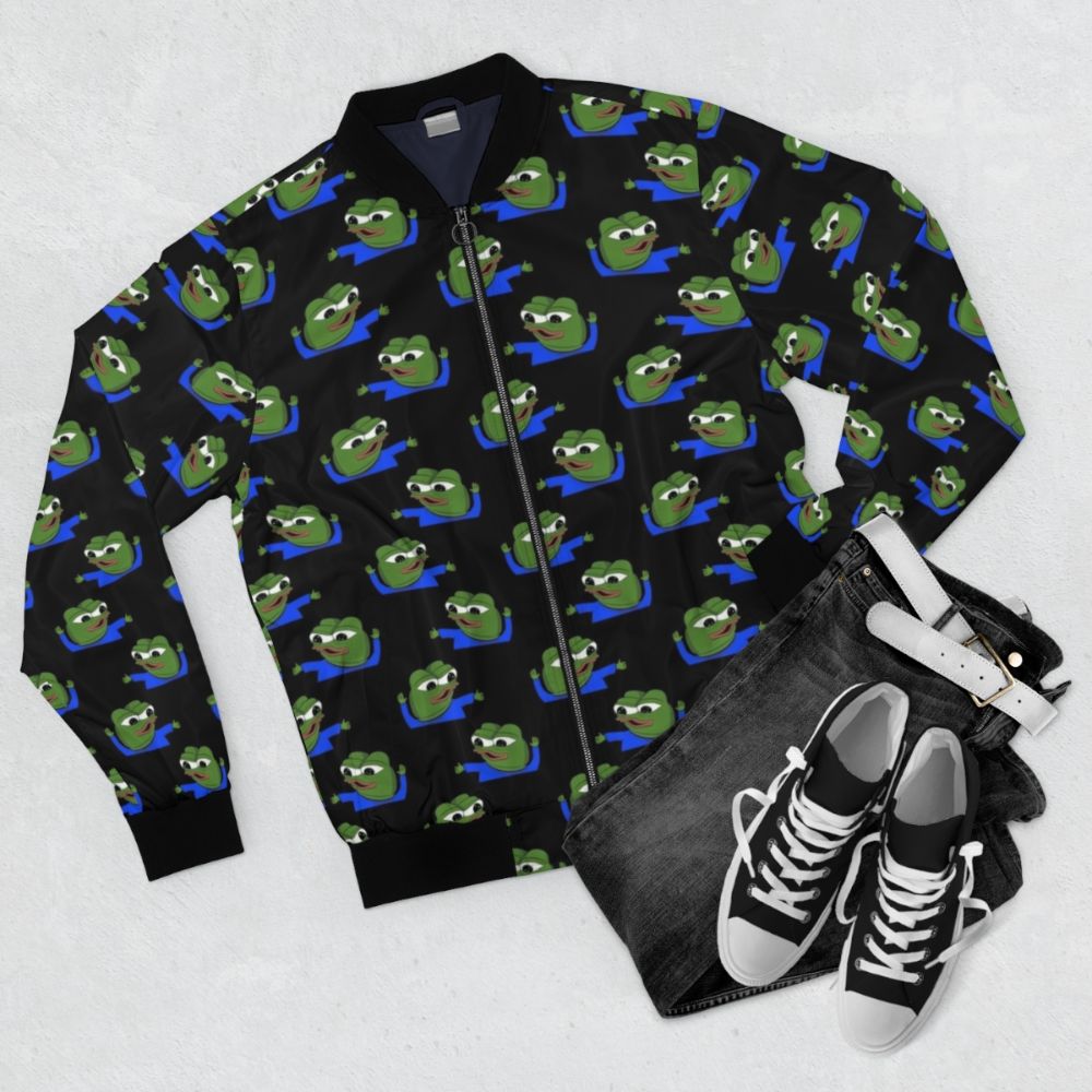 Pepe the Frog bomber jacket with Forsen inspired design - Flat lay