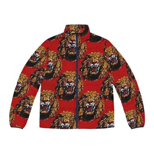 Red puffer jacket with Isi Agu (Lion Head) Igbo cultural patterns