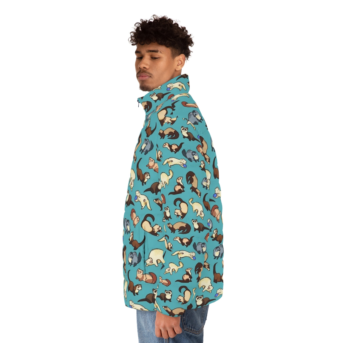 A blue puffer jacket with a cute cat snake pattern, perfect for ferret lovers - men side left