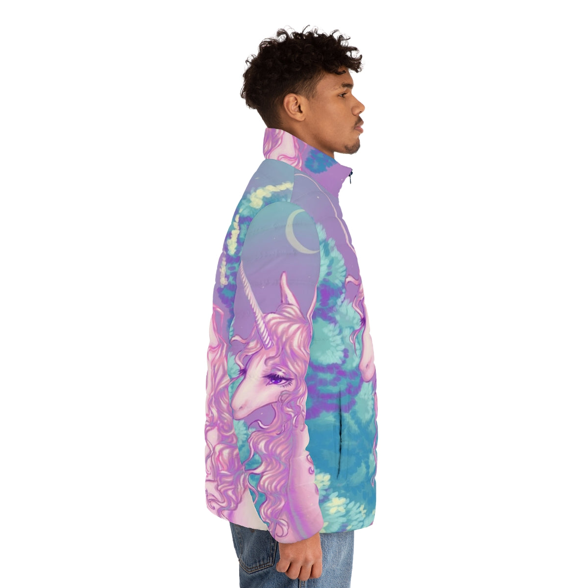 The Last Unicorn S Forest Puffer Jacket, featuring a pastel, 80s retro design with a glowing unicorn in a magical forest setting. - men side right