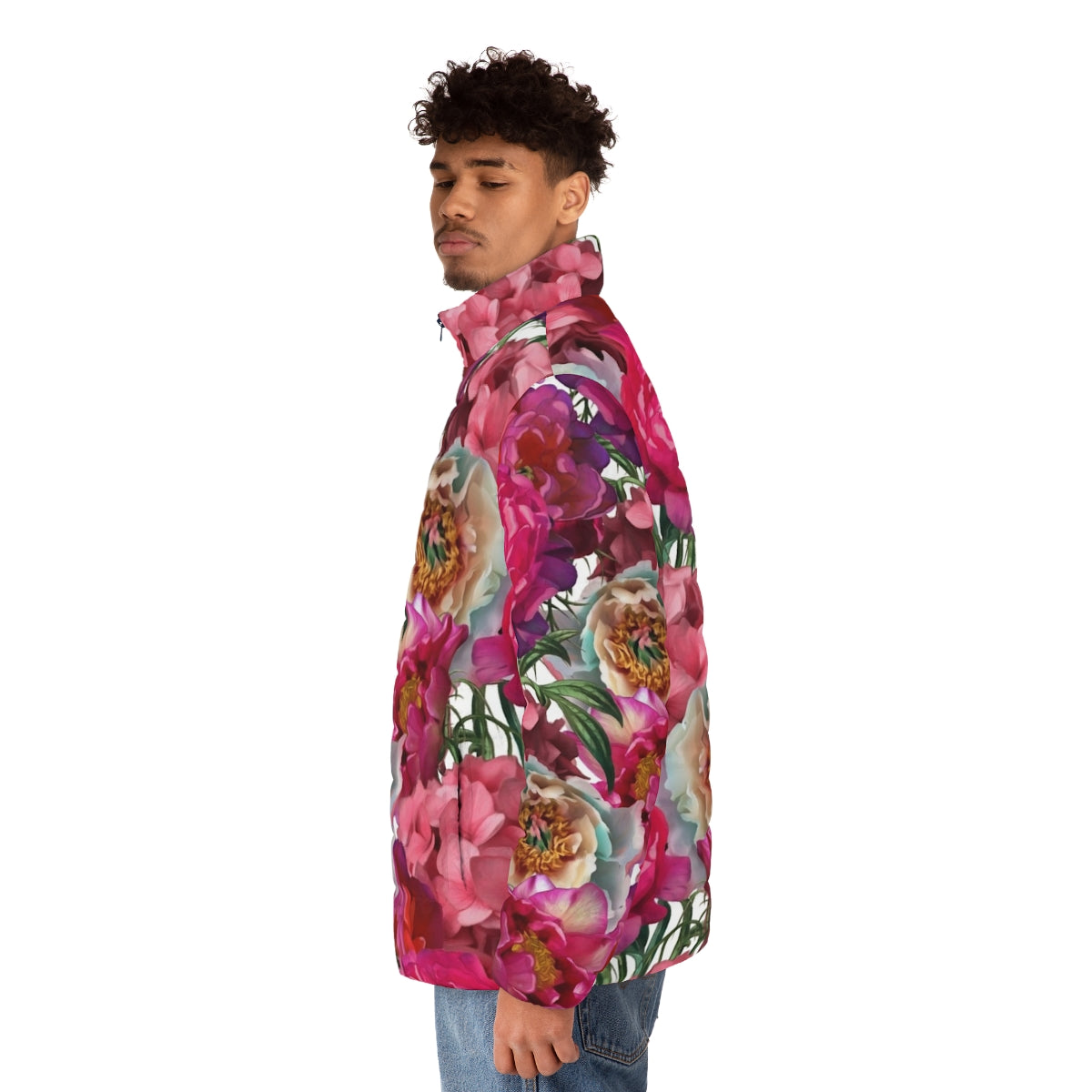 Flower garden puffer jacket with floral botanical design - men side left