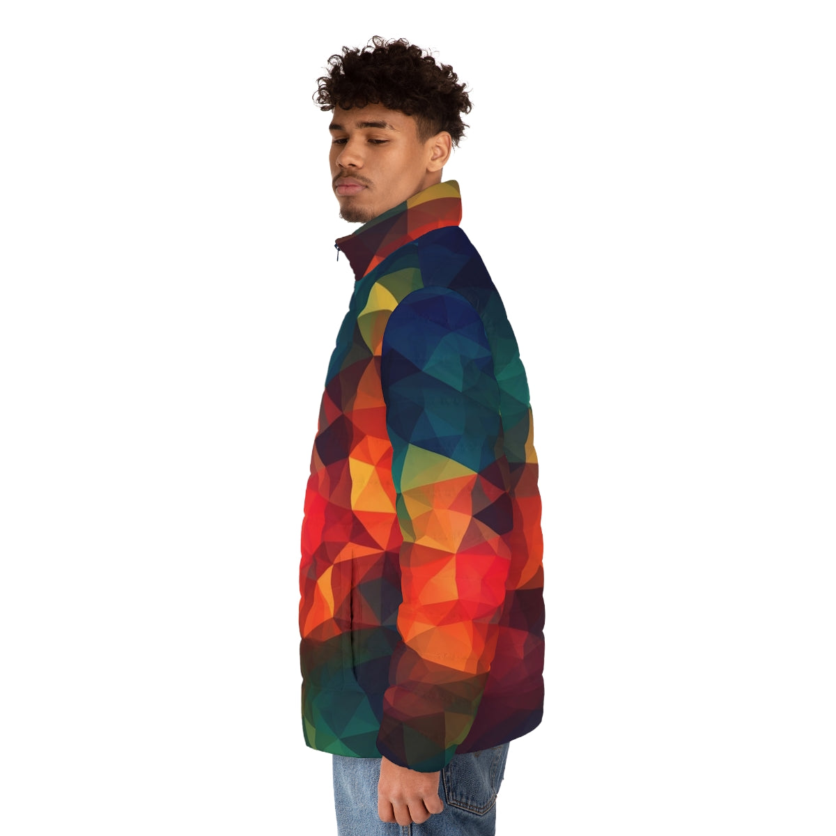 Polygon Prism Puffer Jacket with vibrant geometric patterns and realistic color depictions - men side left