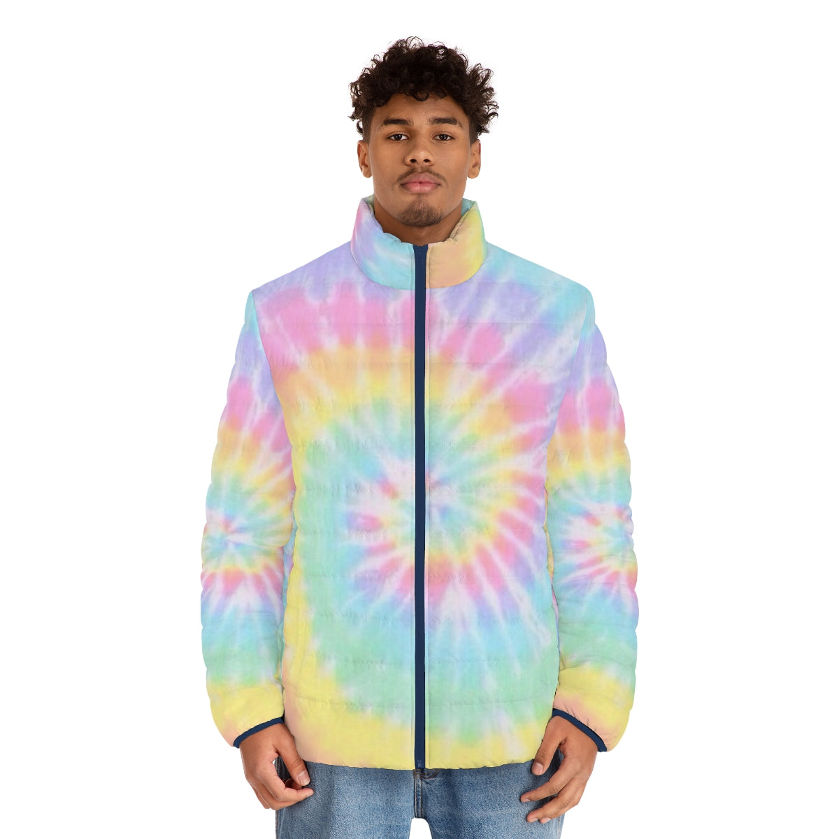 Colorful rainbow tie-dye puffer jacket - men front