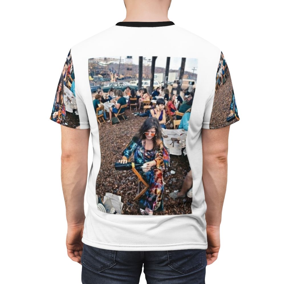 Vintage-style t-shirt featuring a design inspired by Janis Joplin's appearance at the Woodstock music festival in 1969. - men back