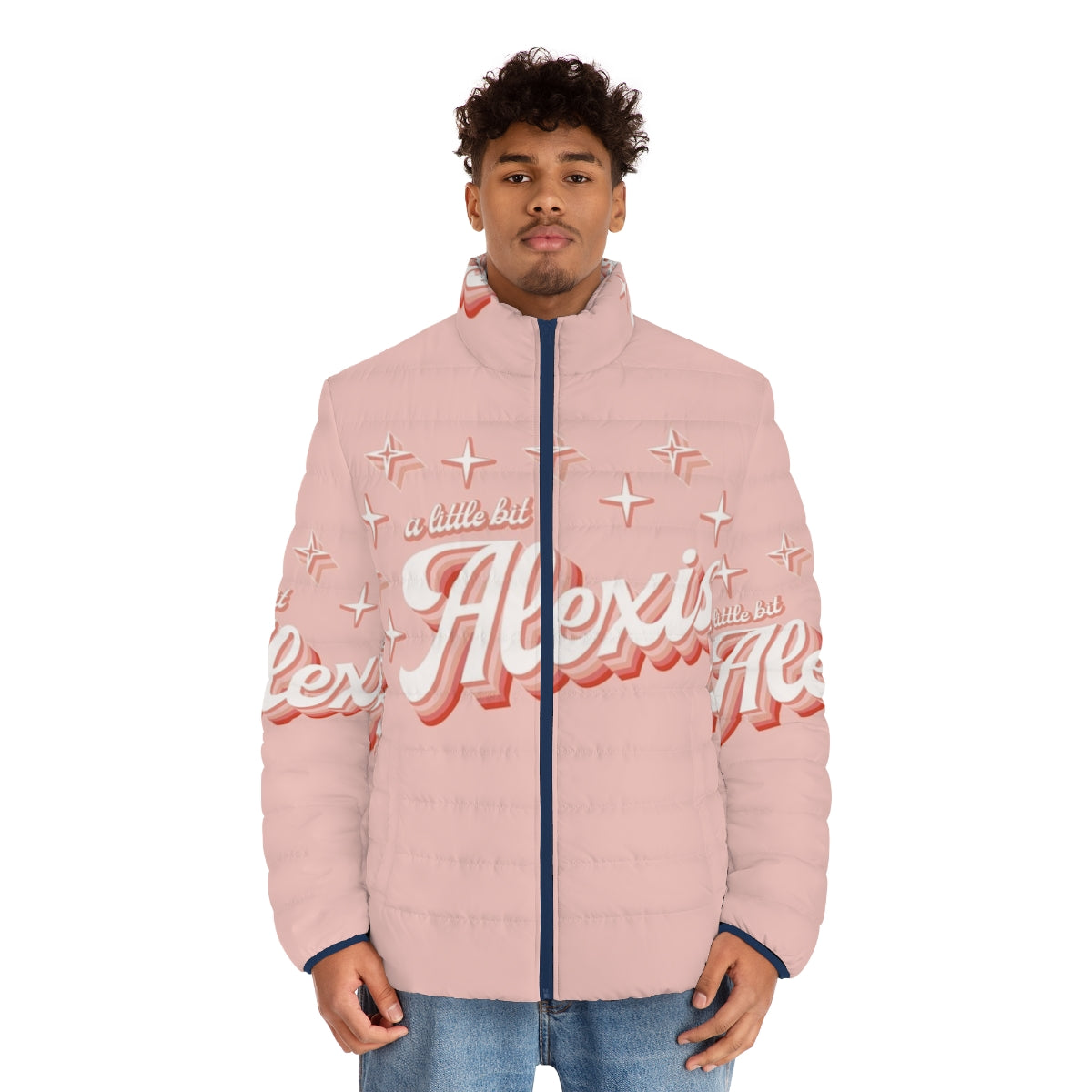 Alexis Rose inspired pink gradient puffer jacket with retro star pattern - men front