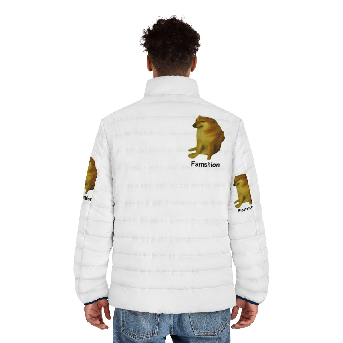 Cheems Puffer Jacket featuring a cute Shiba Inu dog meme - men back