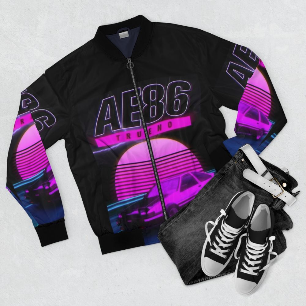 AE86 Retro Synthwave Poster Bomber Jacket - Flat lay