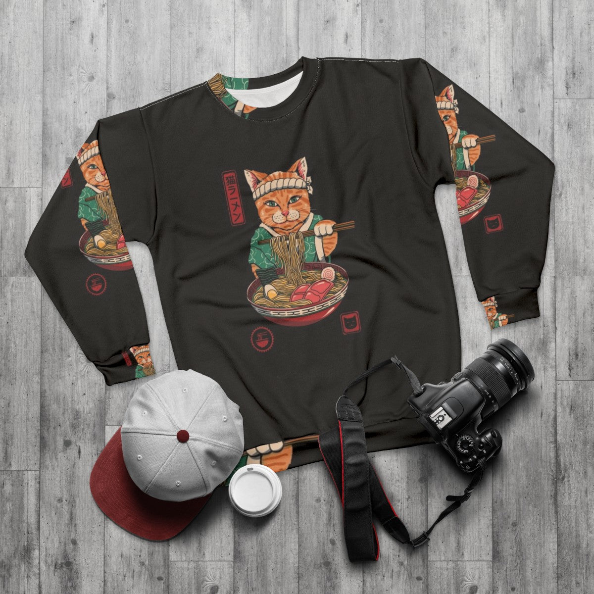 Neko Ramen Sweatshirt featuring a cat design with a ramen bowl - flat lay