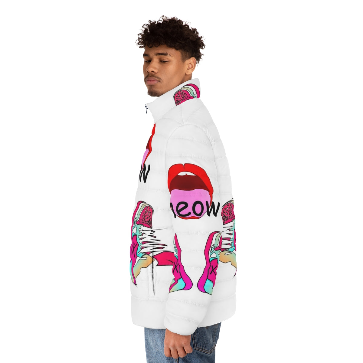 Meme puffer jacket featuring vibrant graphic design and trendy pop culture elements - men side left