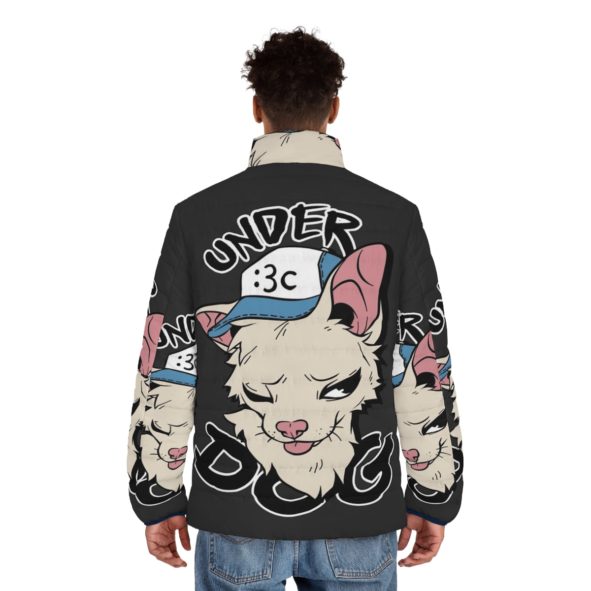 A cozy puffer jacket featuring a dog print design, perfect for LGBTQ+ and furry fashion enthusiasts. - men back