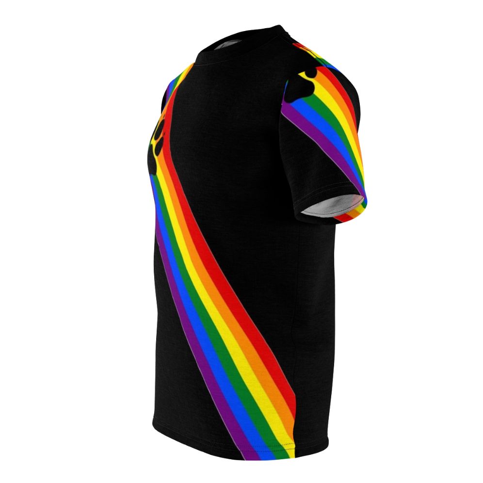 Rainbow-colored t-shirt with a playful puppy design, perfect for LGBTQ+ pride and role-play activities. - men left