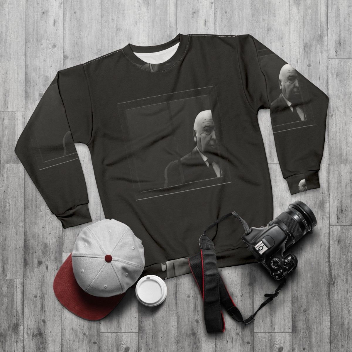 Alfred Hitchcock Black and White Graphic Sweatshirt - flat lay