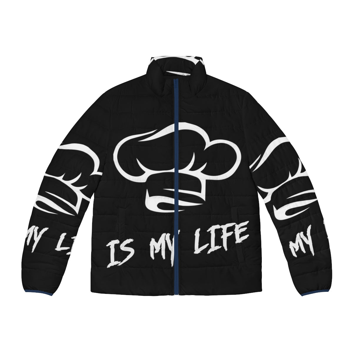 A cozy puffer jacket with the text "Cooking Is My Life" printed on it, perfect for cooking enthusiasts.