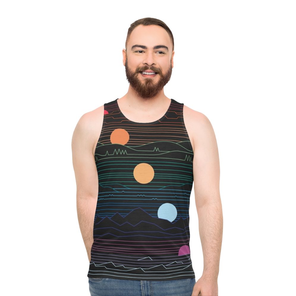 Unisex tank top with minimalist nature and celestial design - men