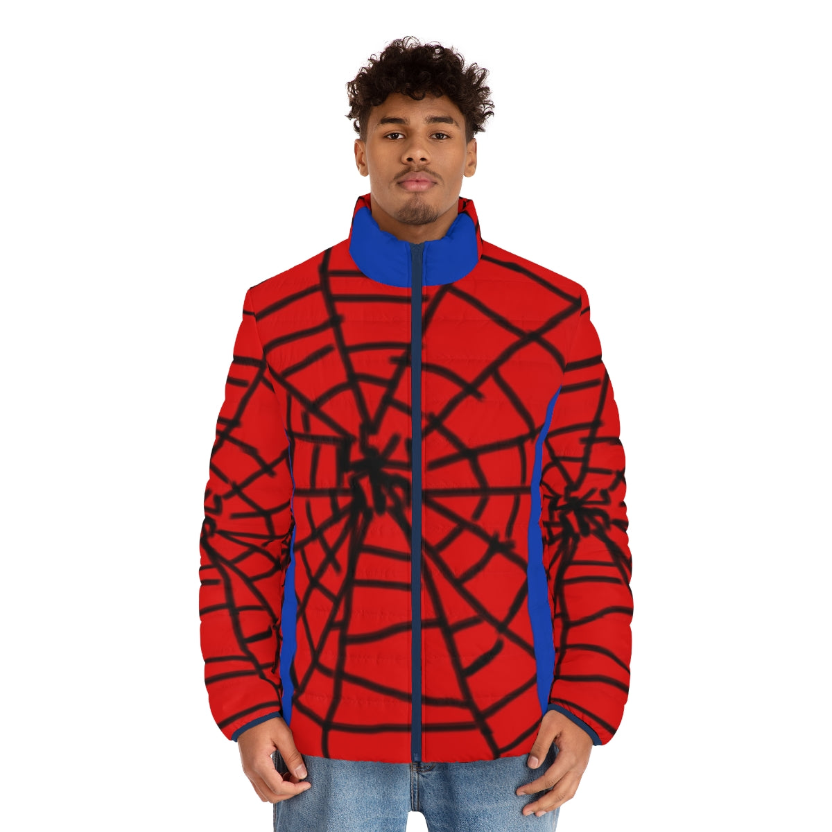 Spiderman superhero puffer jacket with web graphic design - men front