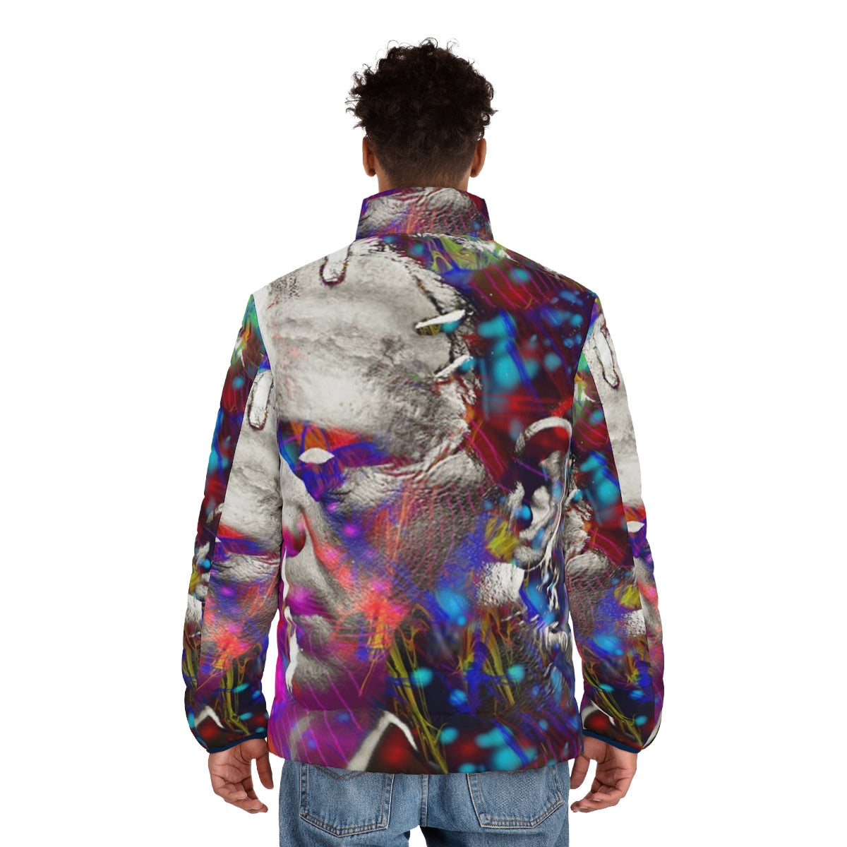 Frankenstein puffer jacket with a graphic monster design - men back