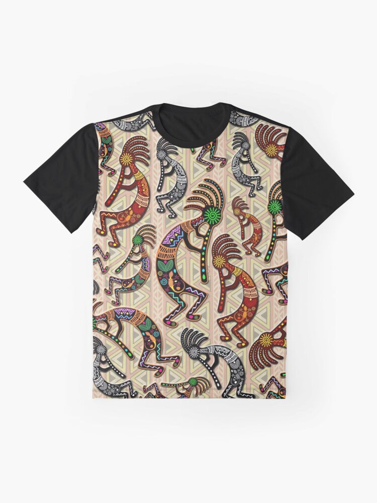 Kokopelli, a mythological trickster god from Native American culture, depicted in a tribal pattern design on a graphic t-shirt. - Flat lay