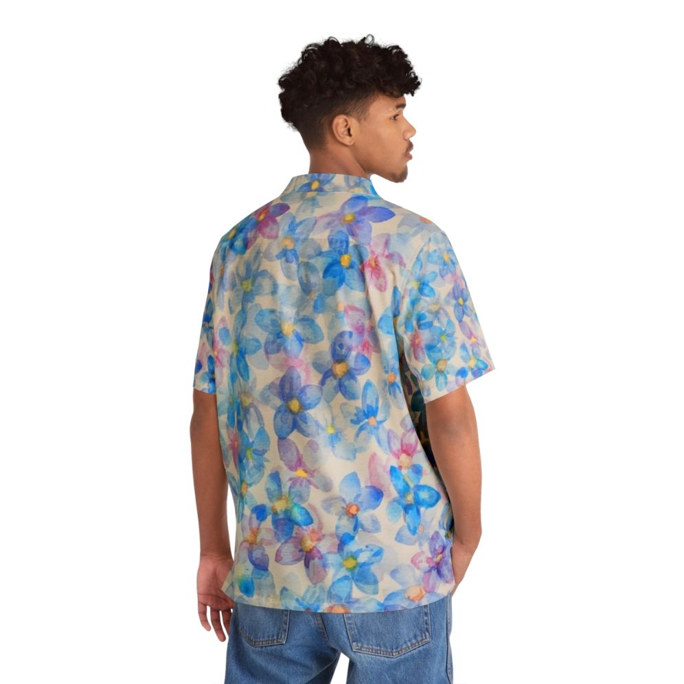 Blue watercolor flower buds painting on a Hawaiian shirt - People Back