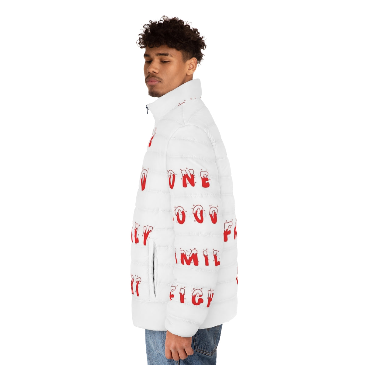 Schitt's Creek inspired puffer jacket with Christmas quotes and characters - men side left