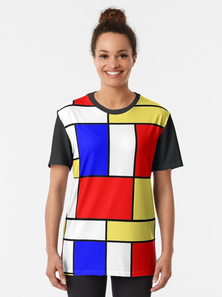 Mod 60s Mondrian Style Graphic T-Shirt with abstract minimalist Mondrian pattern in yellow, blue, red, white, and black - Women