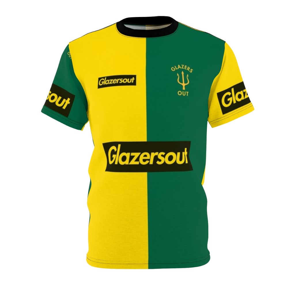 Unofficial Manchester United protest t-shirt featuring Glazers Out design in yellow and green colors.