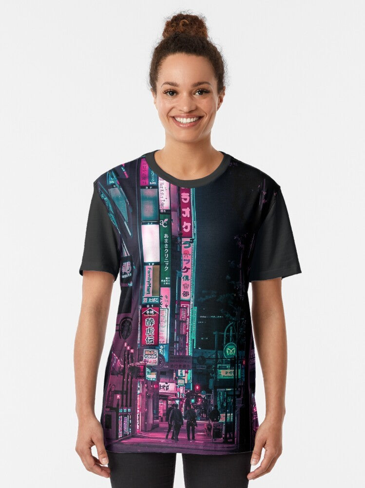 Futuristic graphic t-shirt featuring a cyberpunk inspired design with neon lights, alleys, and cityscapes from Japan. - Women