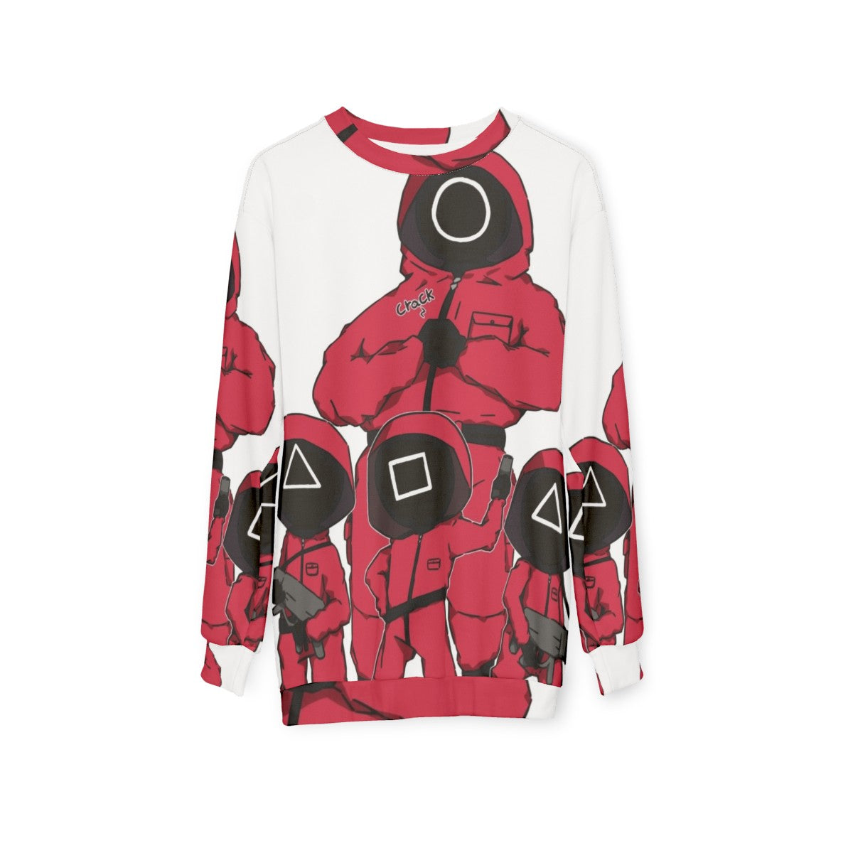 Squid Game Soldiers Sweatshirt featuring iconic characters from the Netflix Korean drama series - hanging