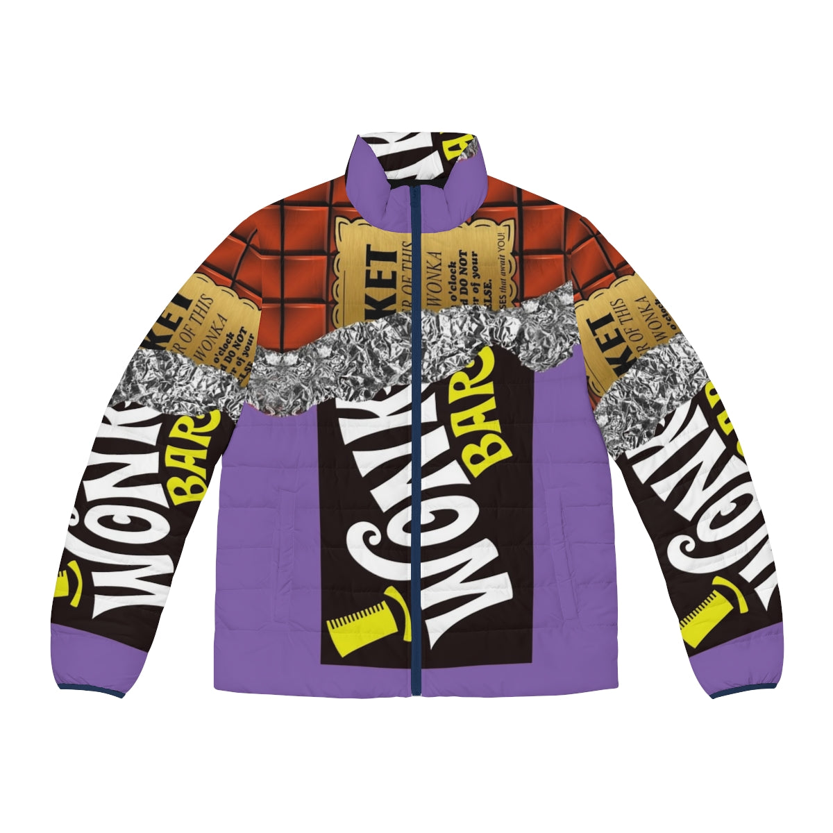 A vibrant puffer jacket featuring the iconic Wonka's Golden Ticket design, perfect for chocolate-loving winter fashionistas.