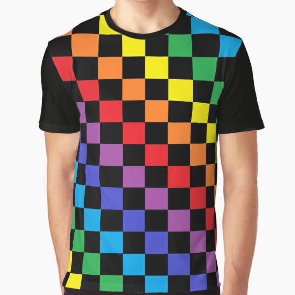 Colorful checkered rainbow graphic design on a black t-shirt