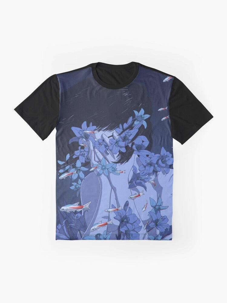 Anime t-shirt with "Perfect Blue" graphic design featuring fish, flowers, and water imagery - Flat lay