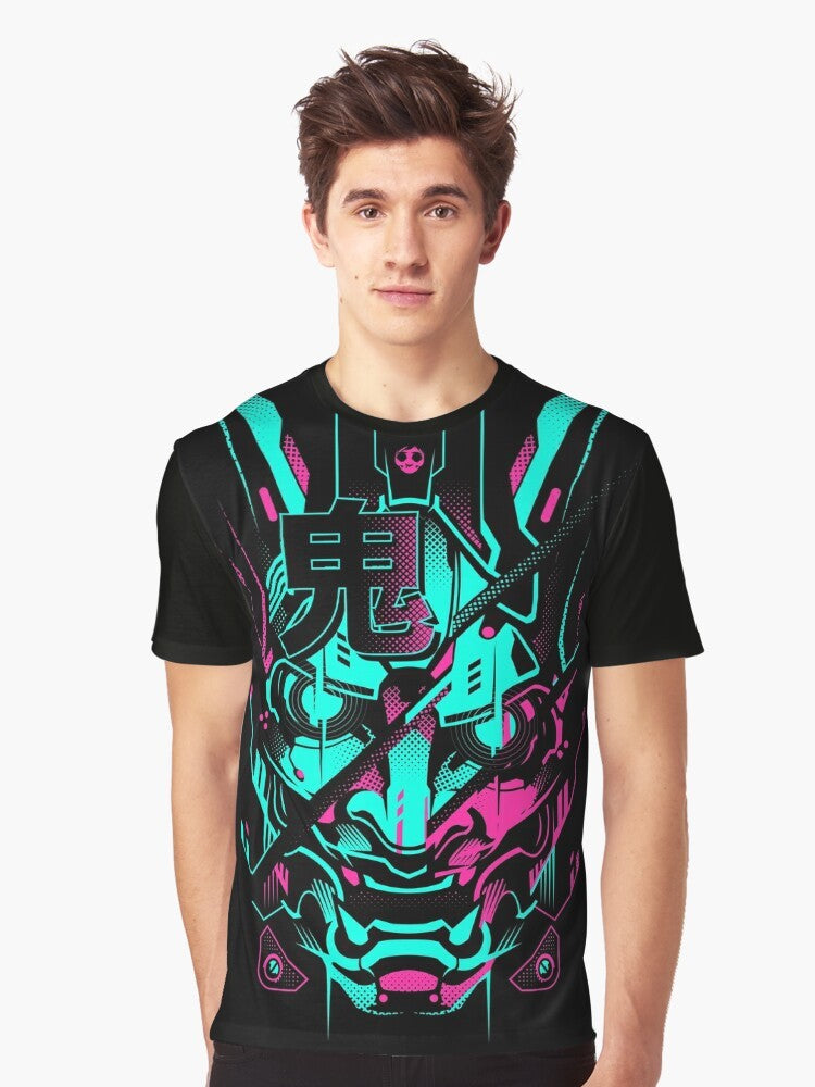 Cyberpunk Oni Glitch Graphic T-Shirt with neon design - Men