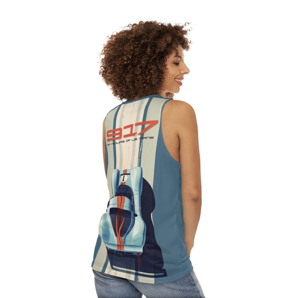 Porsche 917 race car in vintage Martini Racing livery on unisex tank top - women back