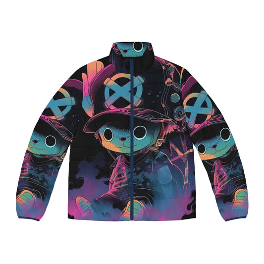 A vibrant and trendy cotton candy-themed puffer jacket featuring a graffiti-inspired design, perfect for anime and manga enthusiasts.