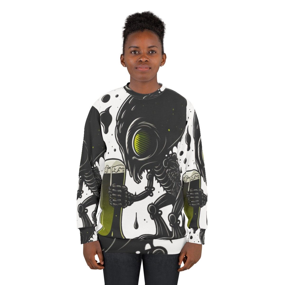 Intergalactic beer lover alien drinking art sweatshirt - women