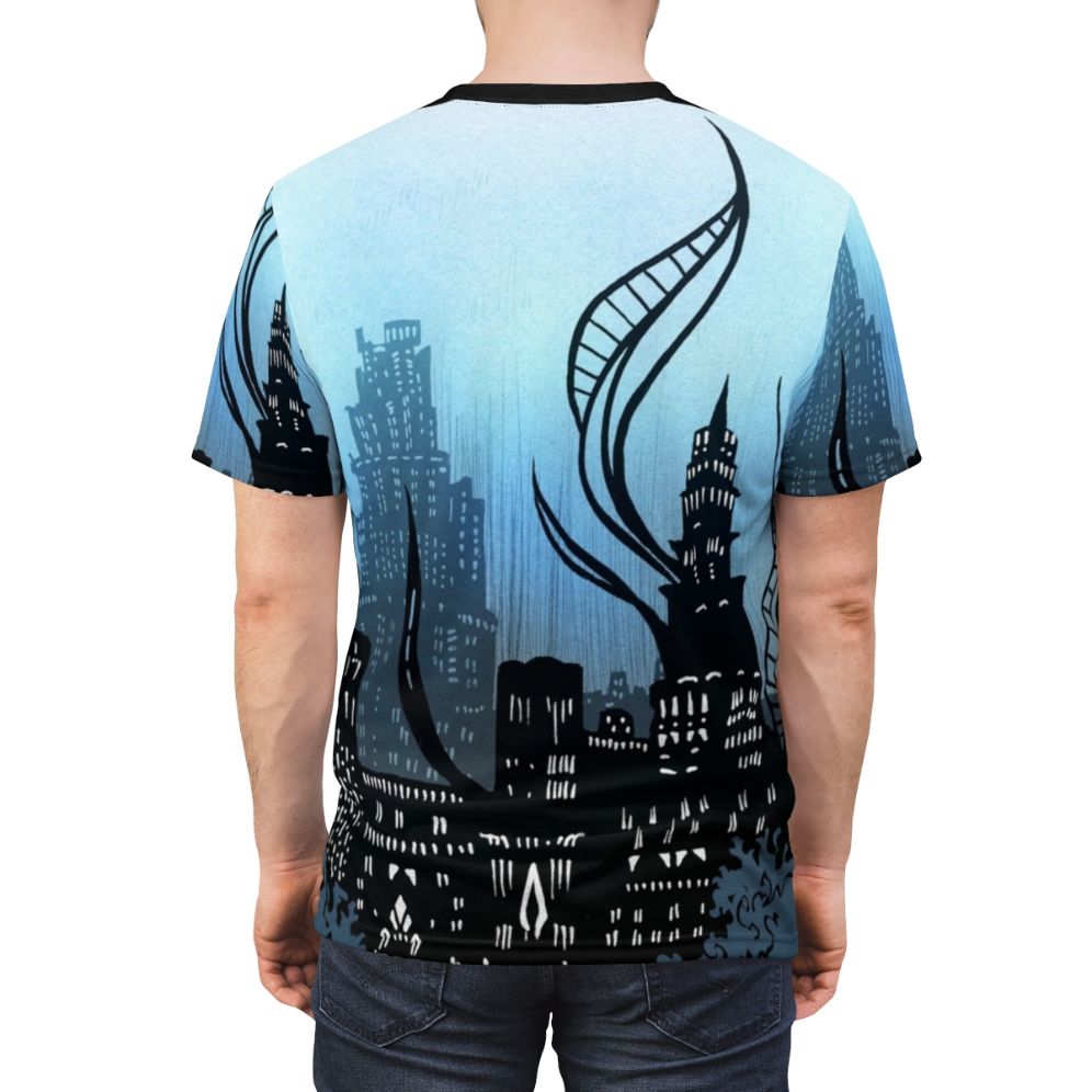 Amaurot inspired fantasy art all-over-print t-shirt featuring elements from Final Fantasy XIV Shadowbringers - men back