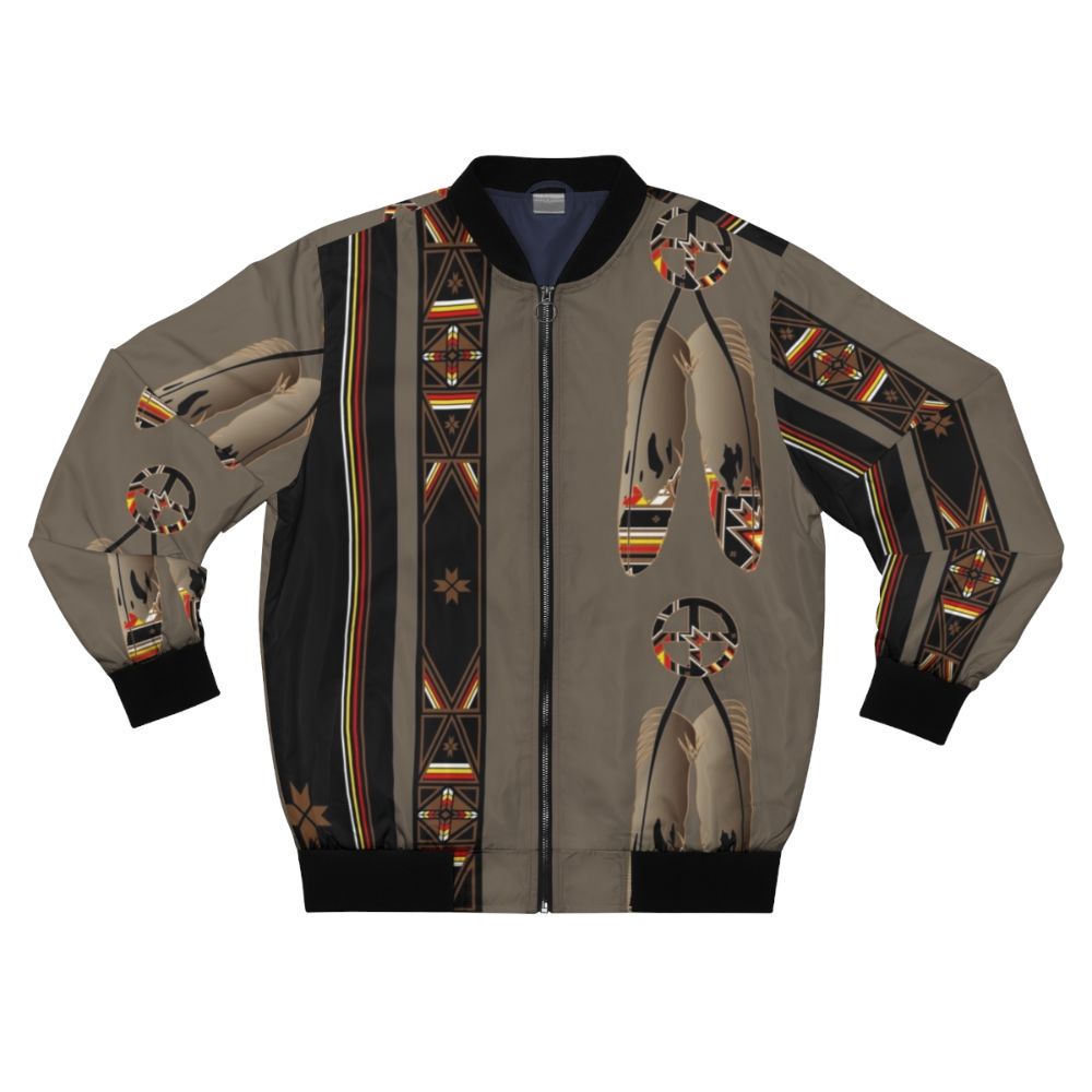 Native American inspired bomber jacket with feathers, eagle, and medicine wheel design