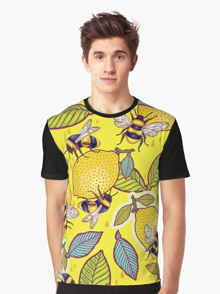 Graphic t-shirt design featuring a yellow lemon, bee, and garden elements - Men