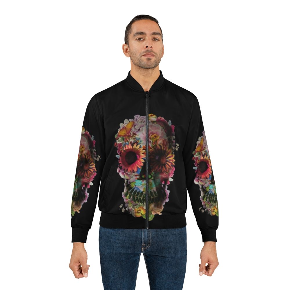 Skull Bomber Jacket with Floral and Skull Graphic Design - Lifestyle